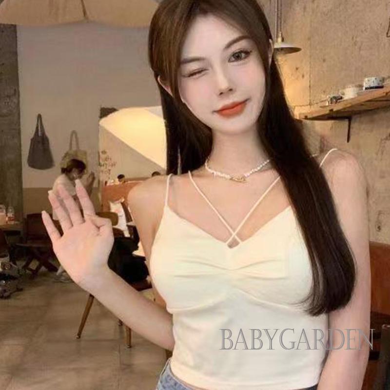 Babygarden Áo Hai Dây Mỏng Mùa Hè Ôm Sát Màu Trơn Dây Chéo Có Đệm Ngực Màu Trắng / Đen / Hồng / Xanh Dương Cho Nữ