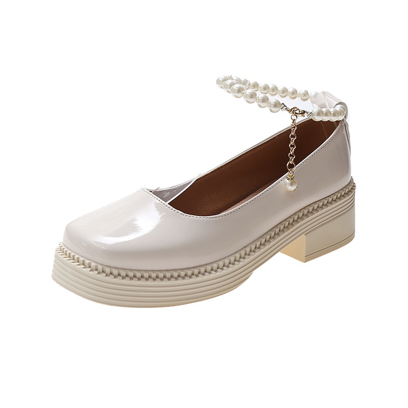 Giày Da Gót Dày Đính Ngọc Trai Phong Cách Lolita Vintage Anh Quốc