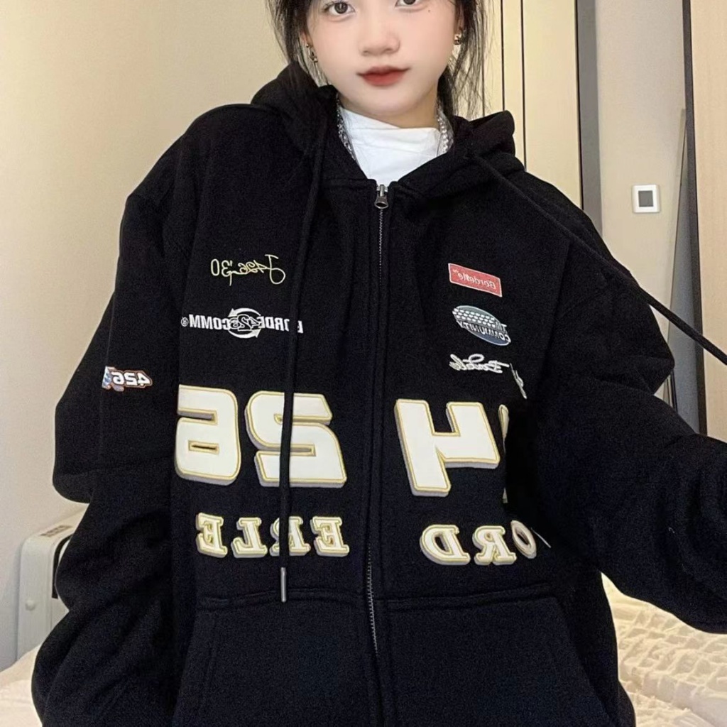 Áo Khoác Khóa Kéo In logo Phân Tử Phong Cách Đường Phố Retro