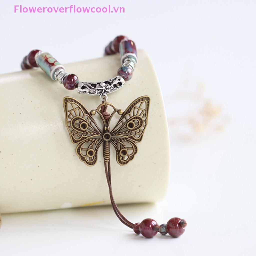 Vòng cổ Chuỗi Hạt Dài Mặt Hình Bướm Phong Cách Vintage