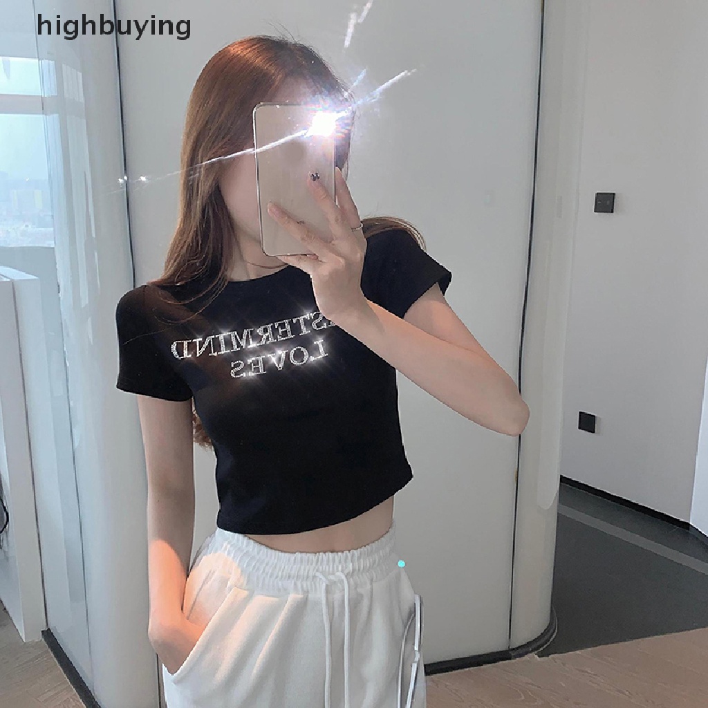 Áo Thun Croptop Ngắn Tay Cổ Tròn In Chữ Đính Đá Lấp Lánh Phong Cách Retro Cho Nữ