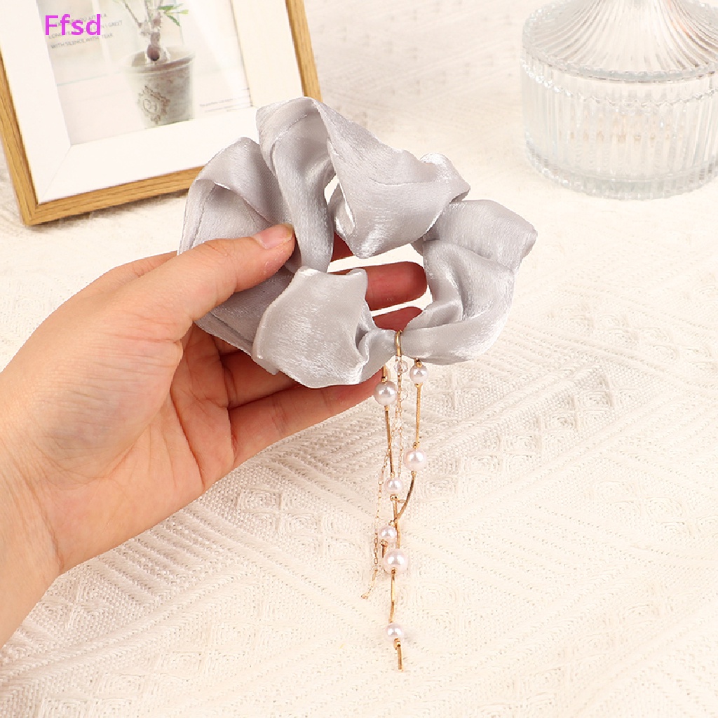 {Ffsd} Dây Buộc Tóc Chiffon Bản Lớn Đính Đá Ngọc Trai Phối Tua Rua Cho Nữ Bán Chạy