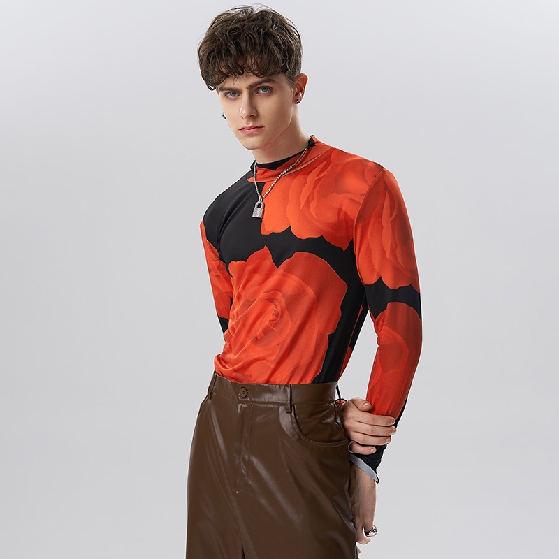 INCERUN Áo Thun Dệt Kim Tay Dài Cổ Cao Co Giãn In Họa Tiết Hoa Hồng