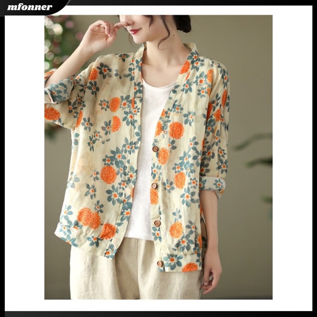 Áo Sơ Mi Tay Dài Cổ Chữ V Dáng Rộng Vải Lanh In Họa Tiết Thời Trang Cho Nữ