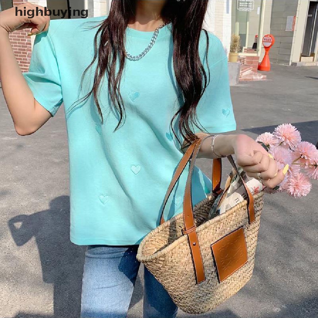 Áo Thun Tay Ngắn Cổ Tròn Thêu Hình Trái Tim Thời Trang Mùa Hè Cho Nữ