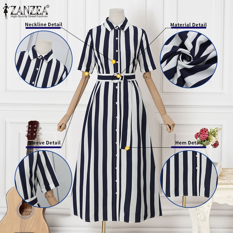 ZANZEA Áo Sơ Mi Nữ Ngắn Tay Họa Tiết Sọc Dọc Kèm Thắt Lưng Thời Trang