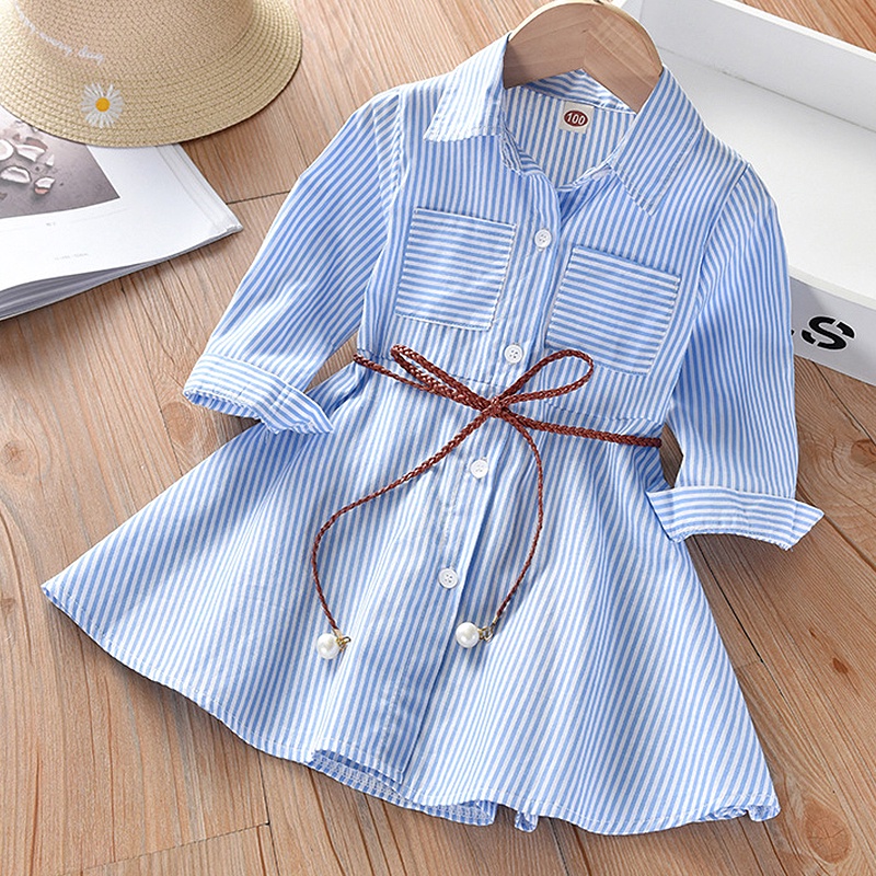 Đầm Sơ Mi Kẻ Sọc Phong Cách Hàn Quốc Cho Bé Gái Aku