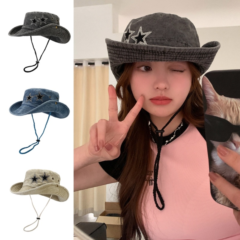 Nón Tai Bèo Rộng Vành Vải Denim Đính Đá Thời Trang Unisex