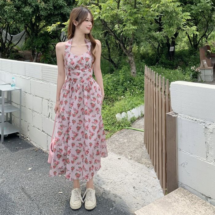 Đầm Dài Hai Dây Họa Tiết Hoa Phong Cách Pháp Thời Trang Mùa Hè Cho Nữ