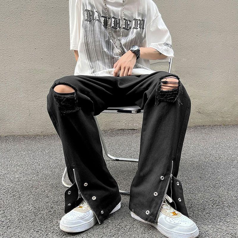 Quần Jean Ống Loe Phối Khóa Kéo Thời Trang Đường Phố Mỹ Cá Tính Cho Nam