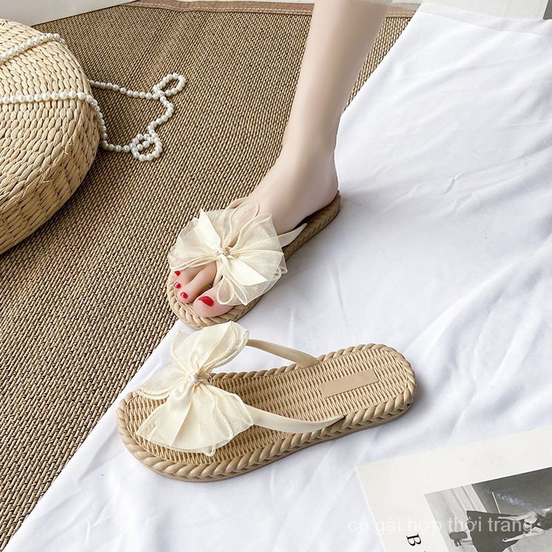 Dép Sandal Đế Bệt Chống Trượt Quai Nơ Phong Cách Mới Mùa Hè Cho Nữ