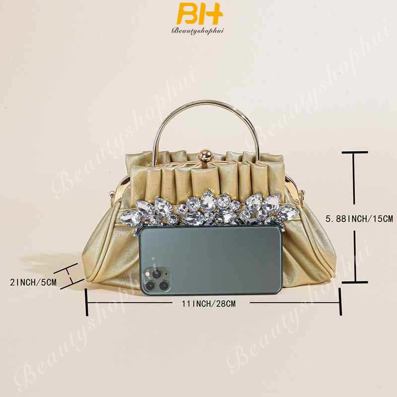 Túi Xách Dự Tiệc Xếp Ly Đính Kim Cương Giả Siêu Sáng Mới