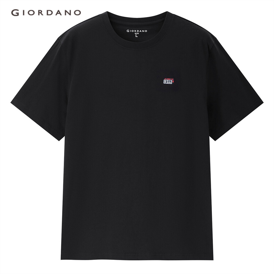 Áo thun GIORDANO 13023311 100% cotton dệt kim tay ngắn cổ tròn thêu họa tiết dành cho nam