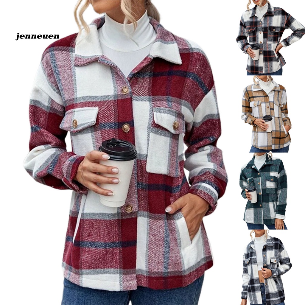 Áo Sơ Mi Khoác Ngoài Tay Dài Cổ Bẻ In Họa Tiết Kẻ Sọc Có Túi Và Nút Cài