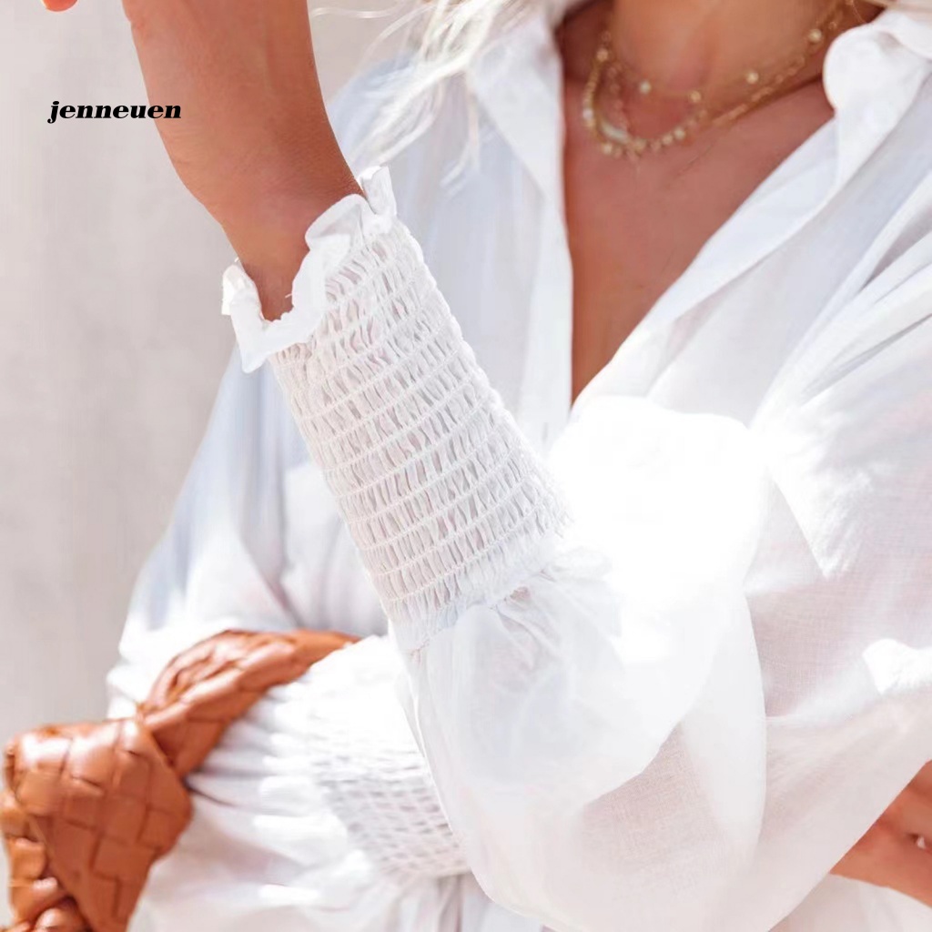 Jen Áo Sơ Mi Tay Phồng Màu Trơn Thanh Lịch Thư Giãn Vừa Vặn Đường Phố Cho Nữ