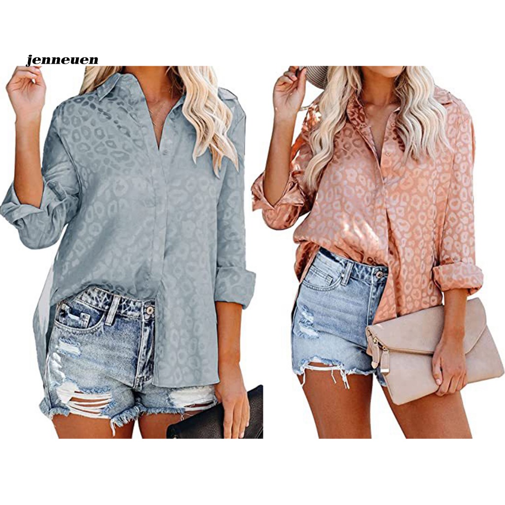 Áo Sơ Mi Satin Tay Dài Cổ Bẻ In Họa Tiết Da Báo Thời Trang Cho Nữ