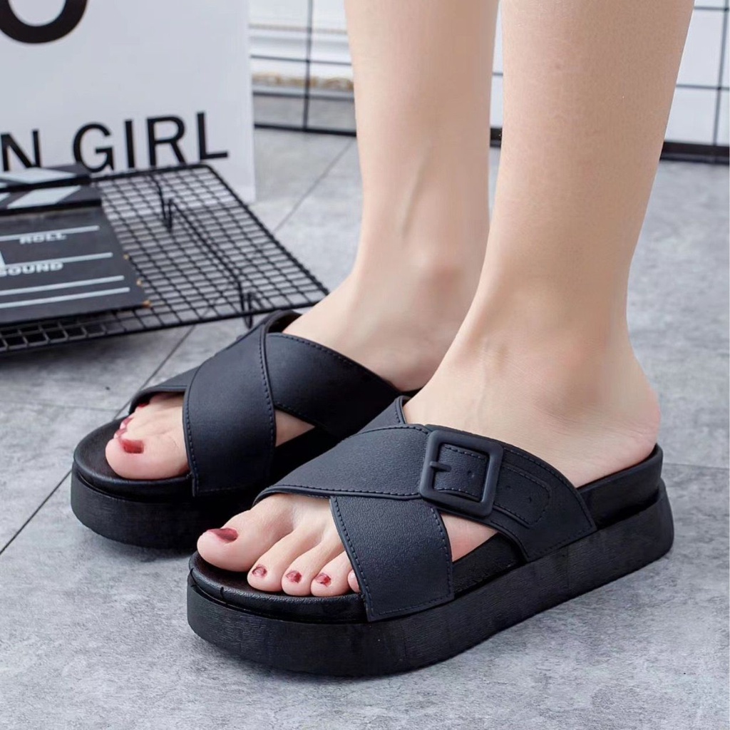 Dép Quai Ngang Đế Độn 5cm, Dép Lê Quai Chéo Da Pu Tăng Chiều Cao Mẫu Mới Hot Trend 2023 szie 35-39