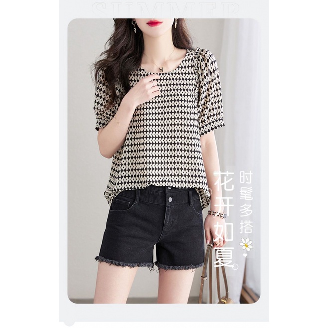 Áo Chiffon Nữ Tay Ngắn Cổ Tròn In Hoa Phong Cách Phương Tây Thời Trang Mùa Hè