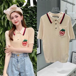 Áo Thun polo Dệt Kim Tay Ngắn Thêu Chữ Xiaohongshu Phối Màu Tương Phản Dễ Thương Cho Nữ