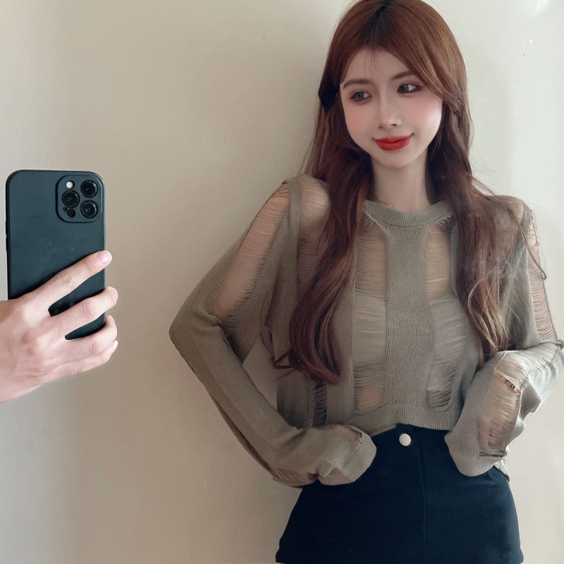 New design sense niche knitwear hole hollow long sleeve sun-proof blouse ice silk knitted base girl's top pure sweet hot girl sexy perspective T-shirt