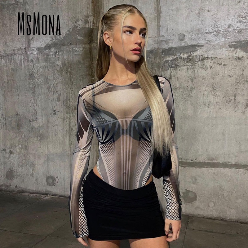 Bộ Áo Liền Quần Cổ Tròn Tay Dài Xuyên Thấu Phối Màu Tương Phản Thời Trang 2023 Cho Nữ