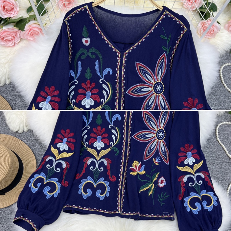 Áo Sơ Mi Tay Phồng Cổ Chữ V Thêu Họa Tiết Xinh Xắn Dành Cho Nữ