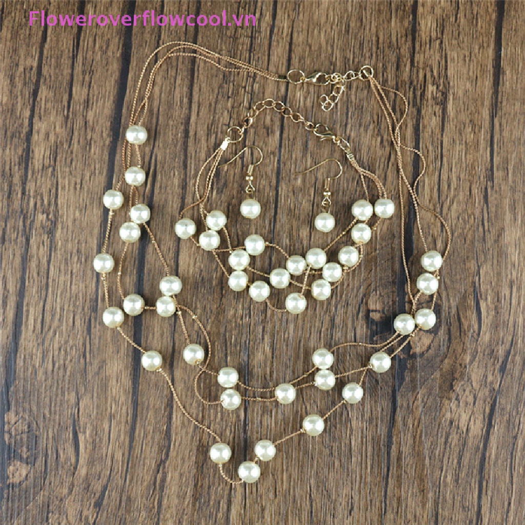 Bộ Trang Sức Gồm Vòng cổ / Vòng Tay / Bông Tai Nhiều Lớp Đính Ngọc Trai Thời Trang Cho Nữ