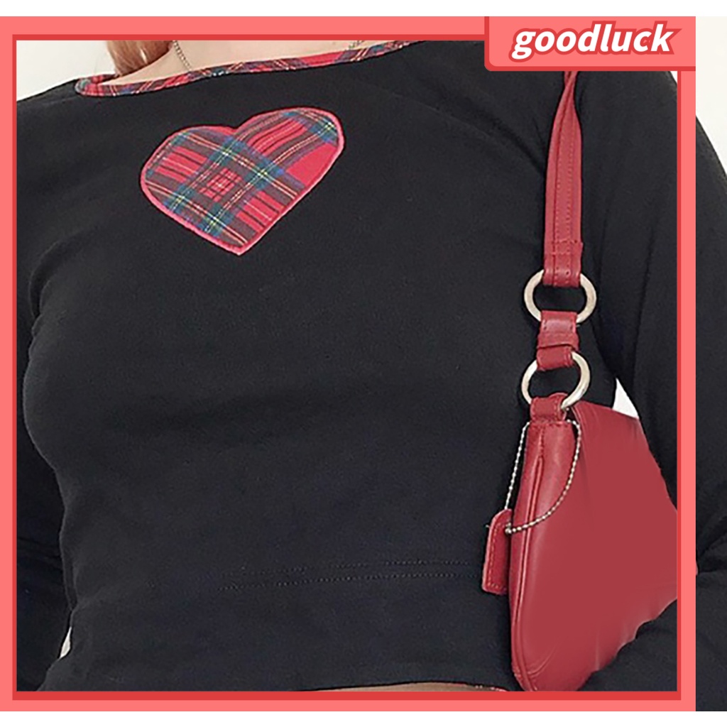 Áo Thun Lửng Tay Dài Phối Vải Caro Hình Trái Tim Dành Cho Nữ