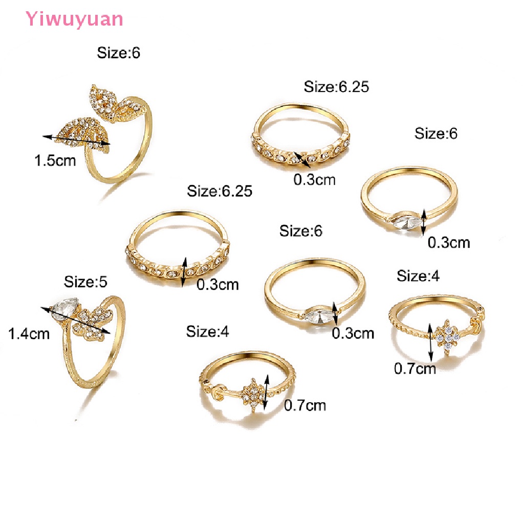 Bộ 8 Nhẫn Hở Đeo Khớp Ngón Tay Màu Vàng Hình Bướm / Bông Hoa Đính Đá Zircon Phong Cách Bohemian Đơn Giản Dành Cho Nữ Mới