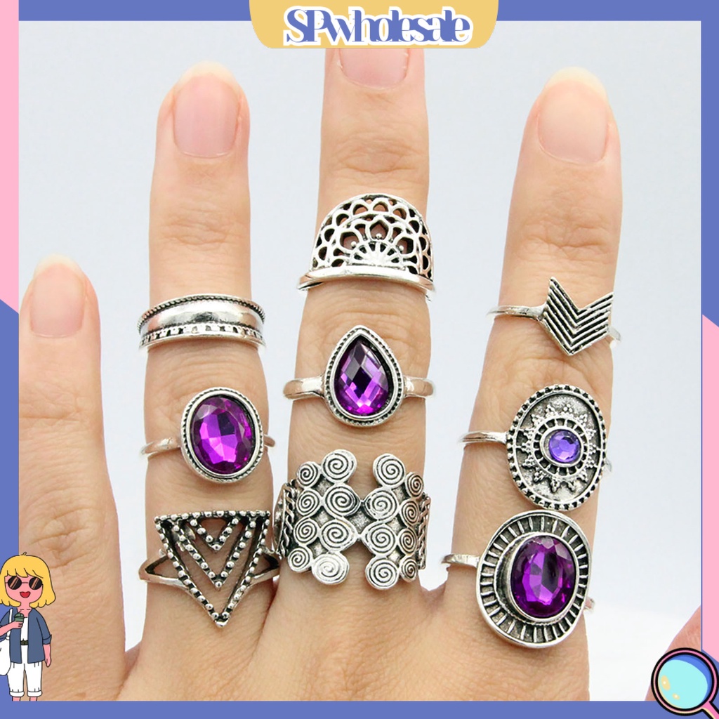 <SPwholesale> Bộ 9 Nhẫn Hợp Kim Đính Đá Tím Nhân Tạo Phong Cách Bohemia