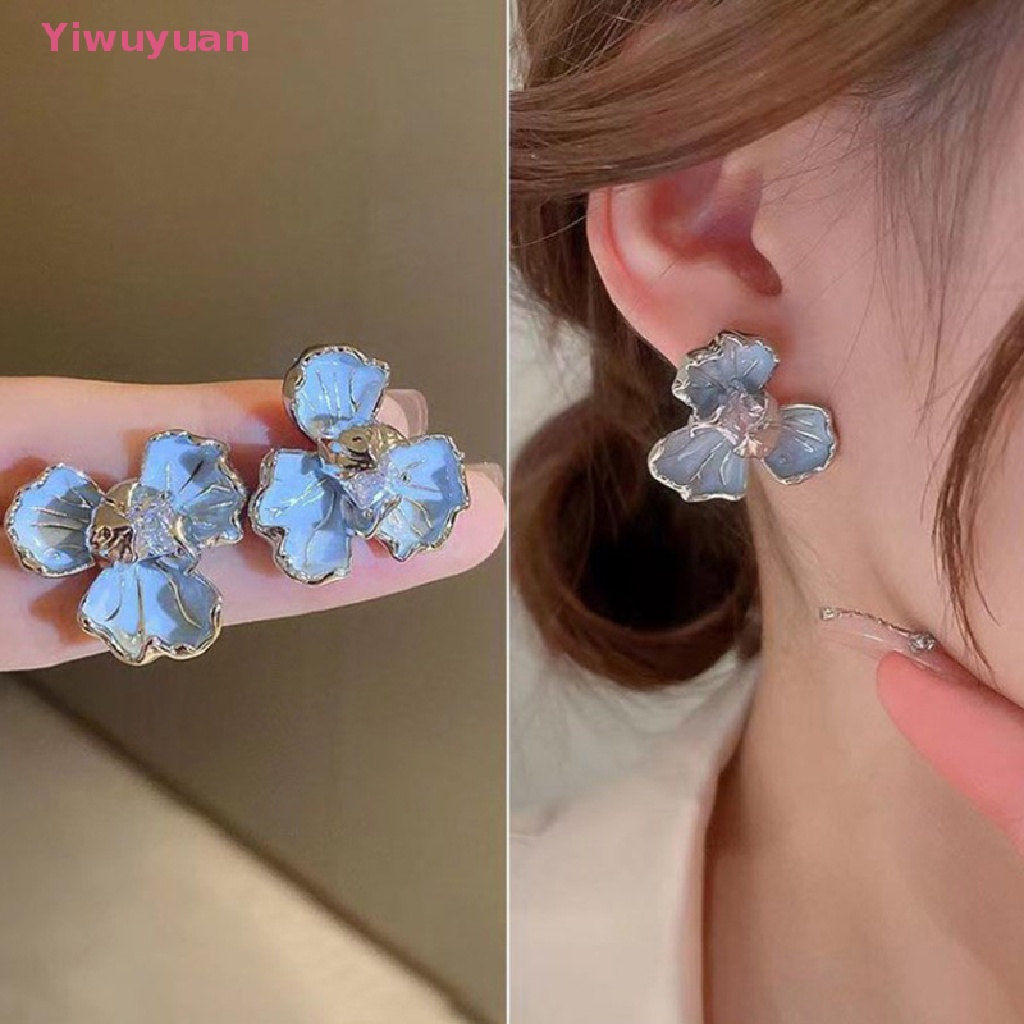 < Yiwuyuan > Khuyên Tai Đính Pha Lê Hình Hoa Màu Xanh Dương Ngọt Ngào Phong Cách Hàn Quốc Cổ Điển Thanh Lịch Cho Nữ