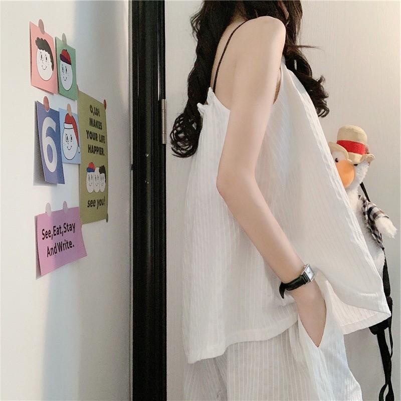 Bộ quần đùi áo hai dây mặc nhà phối viền đen chất thô đũi siêu mát MS1094