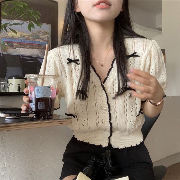 COZOK Áo Thun Dệt Kim Ngắn Tay Khoét Lỗ Đính Nơ Phong Cách retro Thời Trang