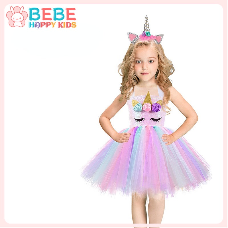 đầm bé gái,short-sleeved rainbow váy công chúa,set váy cho bé gái váy công chúa cho bé gái Đầm Hóa Trang Kỳ Lân Cho Bé Gái