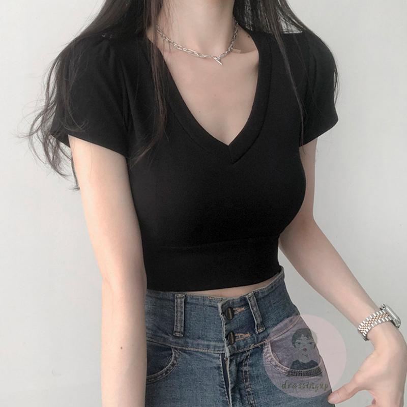 Áo Thun Tay Ngắn Phồng Cổ Chữ V Màu Sắc Đơn Giản Dành Cho Nữ