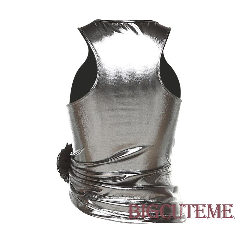 [] [] Áo Tank Top Không Tay Họa Tiết Hoa 3D Ánh Kim Sáng Bóng Cho Nữ Dự Tiệc