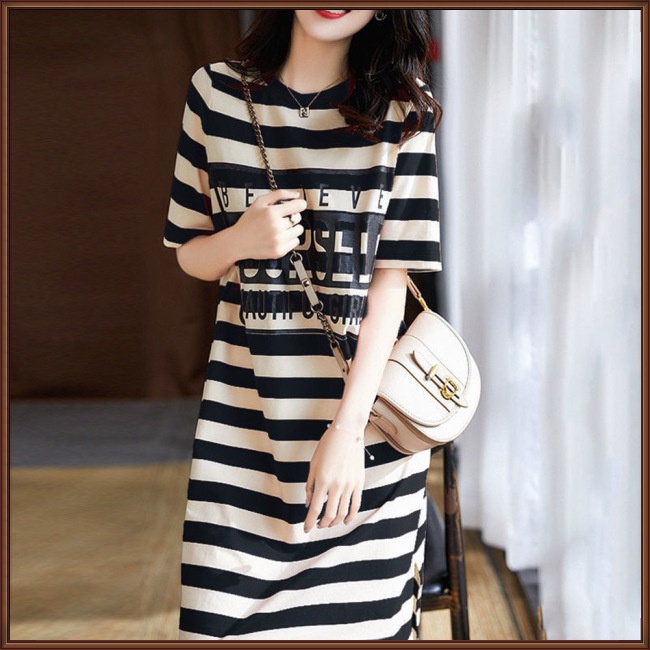 Đầm Thun Tay Ngắn Dáng Rộng Họa Tiết Kẻ Sọc Thời Trang Mùa Hè Xinh Xắn Cho Nữ