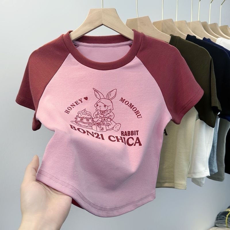 Áo Thun Cotton Ngắn Tay Cổ Tròn Dáng Rộng Màu Tương Phản Thời Trang Mùa Hè Cho Nữ