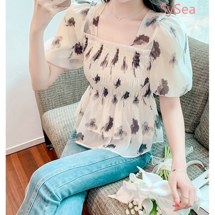 Áo Kiểu Chiffon Cổ Vuông Tay Phồng Họa Tiết Hoa Thời Trang Mùa Hè Quyến Rũ Cho Nữ