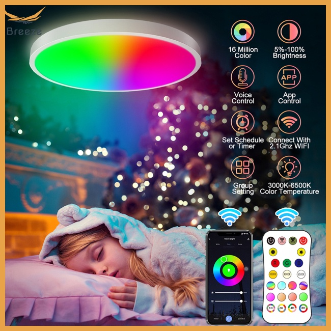 Đèn Led Tròn Thông Minh Điều Chỉnh Được Độ Sáng Kết Nối Wifi Kèm Điều Khiển Từ Xa Trang Trí Trần Nhà