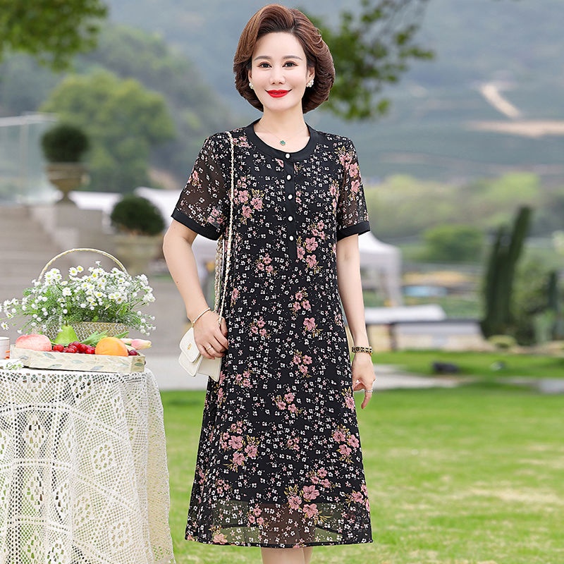 Đầm Chiffon Dài Tay Ngắn Thời Trang Mùa Hè Cho Nữ Trung Niên Ốp