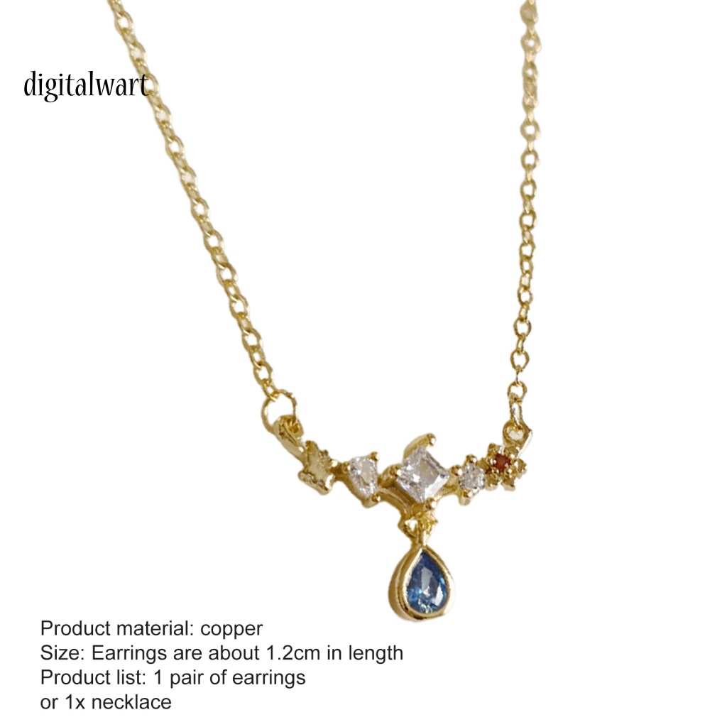 Kỹ Thuật Số| Bộ Vòng cổ + Bông Tai Đính Đá Zircon Hình Giọt Nước Bằng Đồng Bạc Chống Mài Mòn Thời Trang