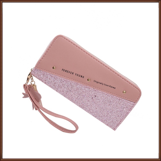 Ví Da Pu Dáng Dài Nhiều Ngăn Đựng Thẻ Phối Khóa Kéo Màu Tương Phản Thời Trang Cho Nữ