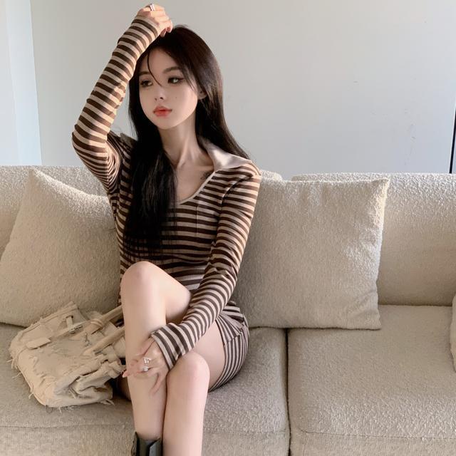 Đầm Dệt Kim Kẻ Sọc Màu Trơn Phong Cách Phương Tây Thời Trang Xuân Thu Cho Nữ