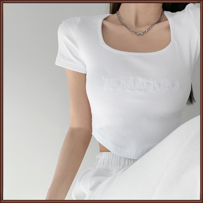Áo Thun Croptop Ngắn Tay Cổ Chữ U Thêu Chữ Thời Trang Dành Cho Nữ