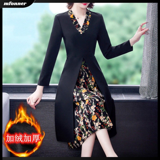 Đầm Midi Tay Dài Cổ Chữ V Vải Lông Cừu Dày Dáng Ôm In Hoa Thời Trang Mùa Đông Cho Bạn Gái