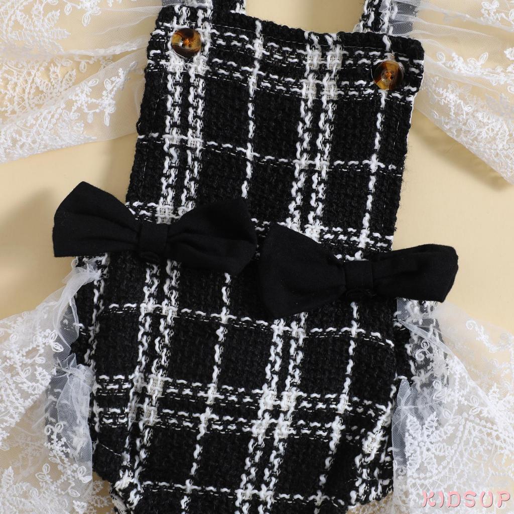 Kidsup1 Bộ Áo Liền Quần Hở Lưng Phối Ren Tay Bay In Họa Tiết Kẻ Sọc Có Băng Đô Cài Tóc Cho Bé Gái