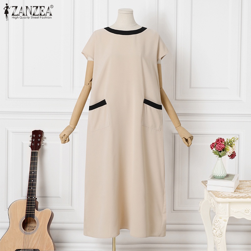 Zanzea Đầm Dài Dáng Rộng Tay Ngắn Cổ Thuyền Thời Trang Cho Nữ