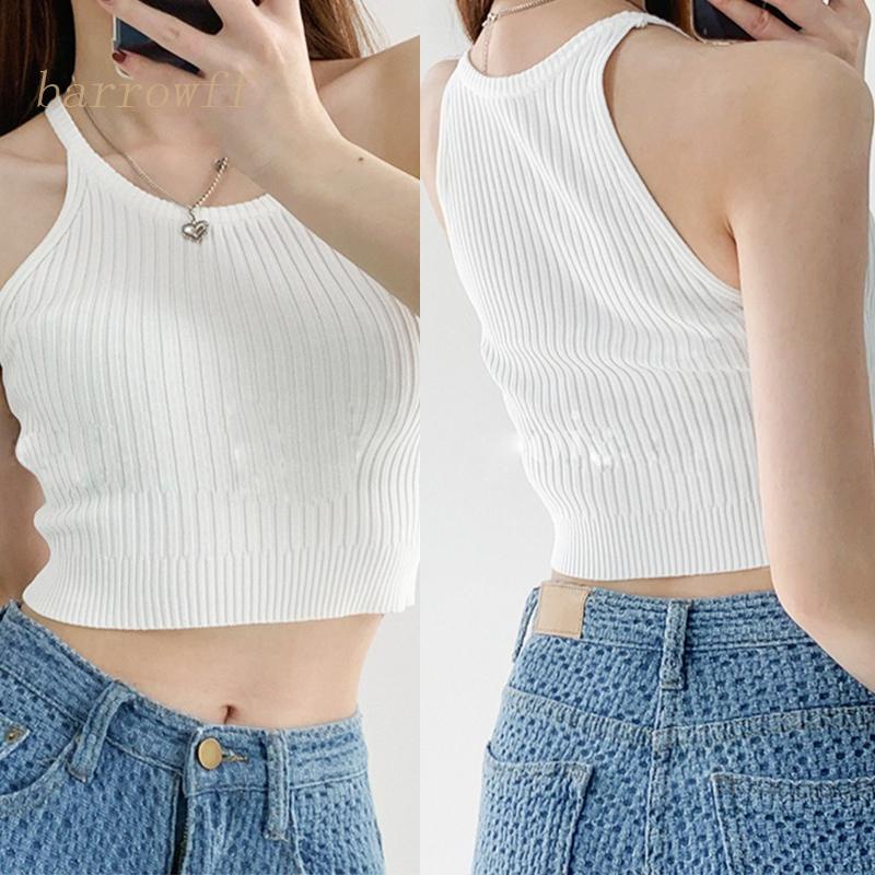 Áo Croptop Dệt Kim Không Tay Cổ Tròn Màu Sắc Đơn Giản Cho Nữ