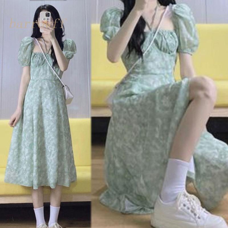 Đầm Midi Dáng Chữ A Cổ Vuông Tay Ngắn Phồng In Họa Tiết Hoa Phong Cách Pháp Cổ Điển Thời Trang Mùa Hè Cho Nữ